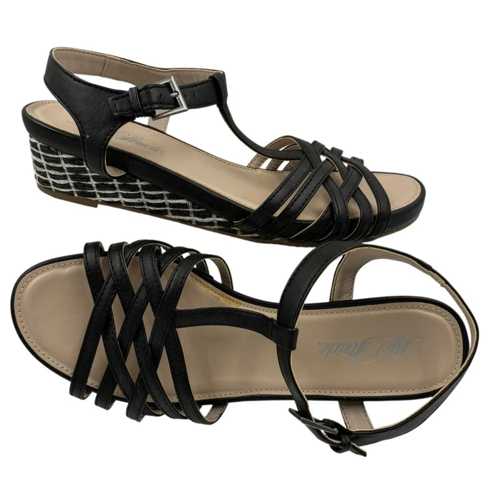 Life Stride Wedge Heel Sandals Ankle Strap Black Feather ‎ 8.5